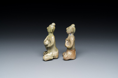A Vietnamese or Annamese blue and white dish, a Thai Sawankhalok dish and a pair of celadon figures, 14th C. and later