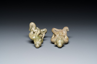 A Vietnamese or Annamese blue and white dish, a Thai Sawankhalok dish and a pair of celadon figures, 14th C. and later