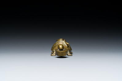 Een Chinese vergulde bronzen waterdruppelaar in de vorm van een schildpad met een slang, wellicht Qing
