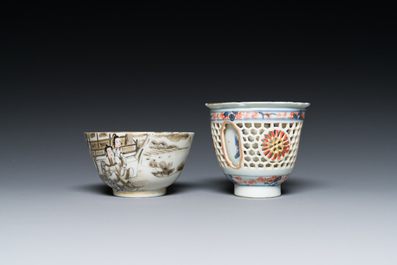 A Chinese Imari-style double-walled reticulated cup and a grisaille and gilt cup, Kangxi/Qianlong
