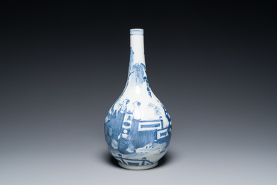 A Chinese blue and white bottle vase, a censer, a bottle and a famille verte plate, Kangxi and later