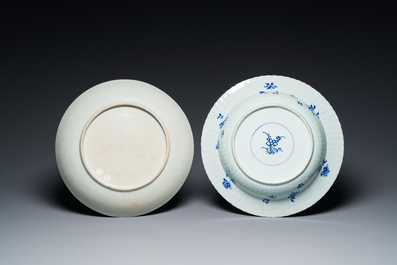 Two Chinese blue and white and famille verte dishes, Kangxi