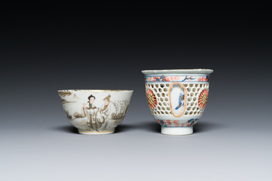 A Chinese Imari-style double-walled reticulated cup and a grisaille and gilt cup, Kangxi/Qianlong