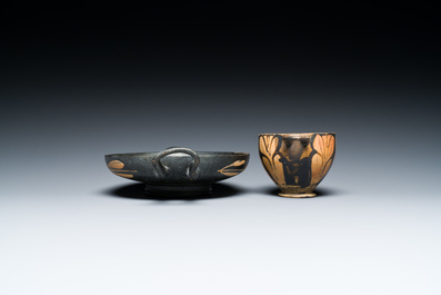 A Greek kylix with a swan and a skyphos with an owl, Apulia, Italy, ca. 4th C. b.C
