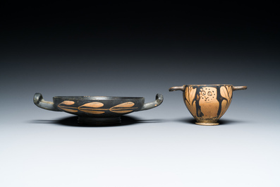 A Greek kylix with a swan and a skyphos with an owl, Apulia, Italy, ca. 4th C. b.C