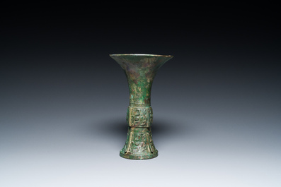 A Chinese archaic bronze ritual wine vessel, 'gu', late Shang dynasty