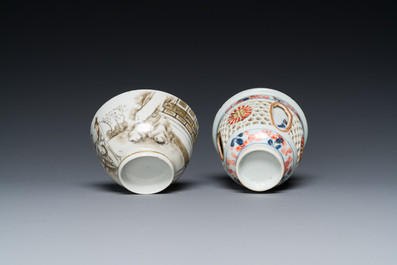 A Chinese Imari-style double-walled reticulated cup and a grisaille and gilt cup, Kangxi/Qianlong