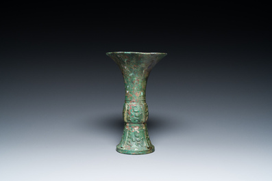 A Chinese archaic bronze ritual wine vessel, 'gu', late Shang dynasty