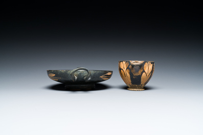 A Greek kylix with a swan and a skyphos with an owl, Apulia, Italy, ca. 4th C. b.C