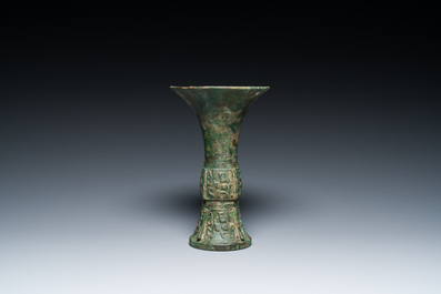 A Chinese archaic bronze ritual wine vessel, 'gu', late Shang dynasty