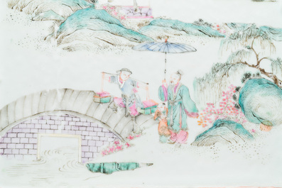 A Chinese rectangular famille rose tray with figures in a mountainous landscape, 19th C.