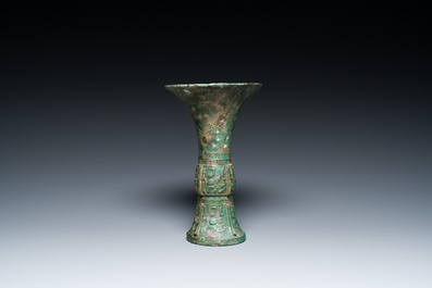 A Chinese archaic bronze ritual wine vessel, 'gu', late Shang dynasty
