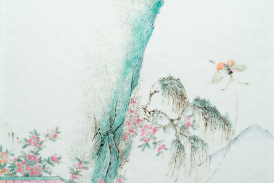 A Chinese rectangular famille rose tray with figures in a mountainous landscape, 19th C.