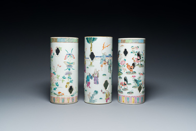 Three Chinese reticulated famille rose hat stands, 19th C