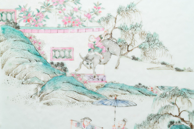 A Chinese rectangular famille rose tray with figures in a mountainous landscape, 19th C.