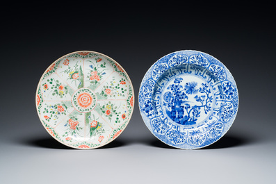 Two Chinese blue and white and famille verte dishes, Kangxi