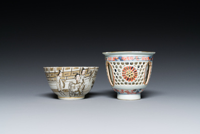 A Chinese Imari-style double-walled reticulated cup and a grisaille and gilt cup, Kangxi/Qianlong