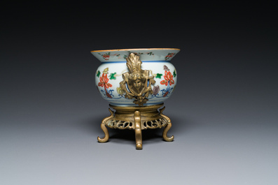 A Chinese gilt bronze-mounted famille verte cuspidor, 'zhadou', Kangxi