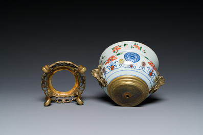 A Chinese gilt bronze-mounted famille verte cuspidor, 'zhadou', Kangxi