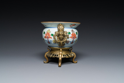 A Chinese gilt bronze-mounted famille verte cuspidor, 'zhadou', Kangxi