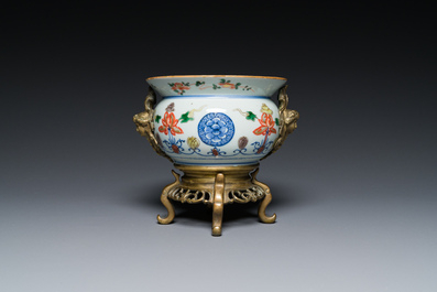A Chinese gilt bronze-mounted famille verte cuspidor, 'zhadou', Kangxi