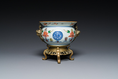 A Chinese gilt bronze-mounted famille verte cuspidor, 'zhadou', Kangxi