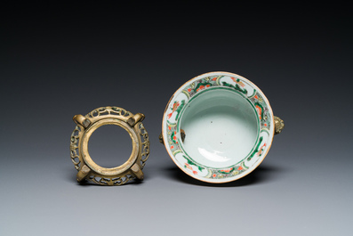 A Chinese gilt bronze-mounted famille verte cuspidor, 'zhadou', Kangxi