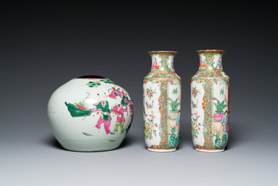 Six Chinese blue, white, famille rose and famille verte vases, 19/20th C.