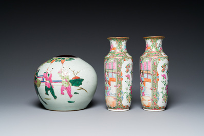Six Chinese blue, white, famille rose and famille verte vases, 19/20th C.