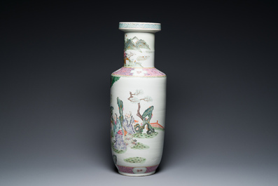 A Chinese famille rose rouleau vase with Shou Lao, Qianlong mark, 19th C.