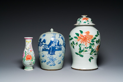 Six Chinese blue, white, famille rose and famille verte vases, 19/20th C.