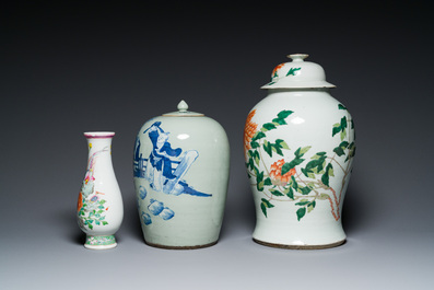 Six Chinese blue, white, famille rose and famille verte vases, 19/20th C.