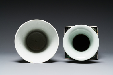 A square Chinese famille noire vase and a famille verte 'gu' vase, Kangxi mark, 19th C.
