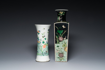 A square Chinese famille noire vase and a famille verte 'gu' vase, Kangxi mark, 19th C.
