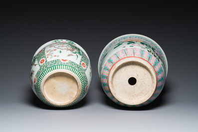 Three Chinese blue and white, famille rose and famille verte fish bowls and jardini&egrave;res, 19th C.