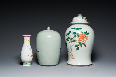 Six Chinese blue, white, famille rose and famille verte vases, 19/20th C.