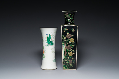 A square Chinese famille noire vase and a famille verte 'gu' vase, Kangxi mark, 19th C.