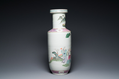 A Chinese famille rose rouleau vase with Shou Lao, Qianlong mark, 19th C.