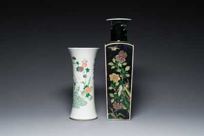 A square Chinese famille noire vase and a famille verte 'gu' vase, Kangxi mark, 19th C.