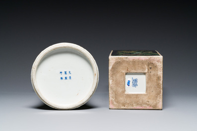 A square Chinese famille noire vase and a famille verte 'gu' vase, Kangxi mark, 19th C.