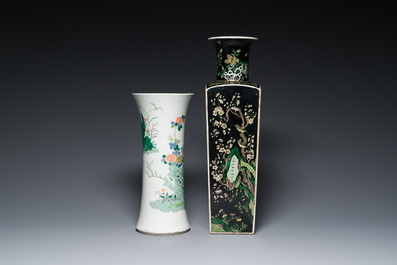 A square Chinese famille noire vase and a famille verte 'gu' vase, Kangxi mark, 19th C.