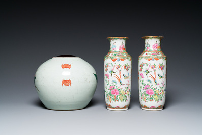 Six Chinese blue, white, famille rose and famille verte vases, 19/20th C.