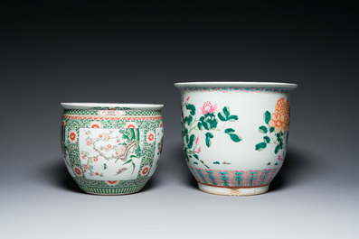 Three Chinese blue and white, famille rose and famille verte fish bowls and jardini&egrave;res, 19th C.