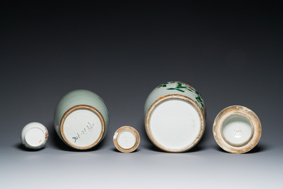 Six Chinese blue, white, famille rose and famille verte vases, 19/20th C.