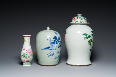 Six Chinese blue, white, famille rose and famille verte vases, 19/20th C.