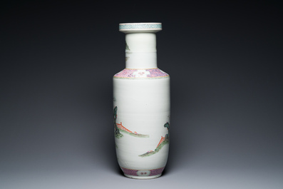 A Chinese famille rose rouleau vase with Shou Lao, Qianlong mark, 19th C.