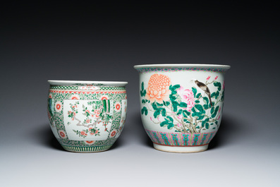 Three Chinese blue and white, famille rose and famille verte fish bowls and jardini&egrave;res, 19th C.