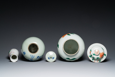 Six Chinese blue, white, famille rose and famille verte vases, 19/20th C.