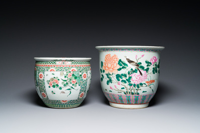 Three Chinese blue and white, famille rose and famille verte fish bowls and jardini&egrave;res, 19th C.