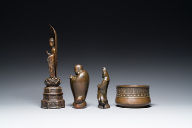 Trois sculptures de Bouddha et de Kannon et un br&ucirc;le-parfum en bronze, Japon, Edo/Meiji, 18/19&egrave;me